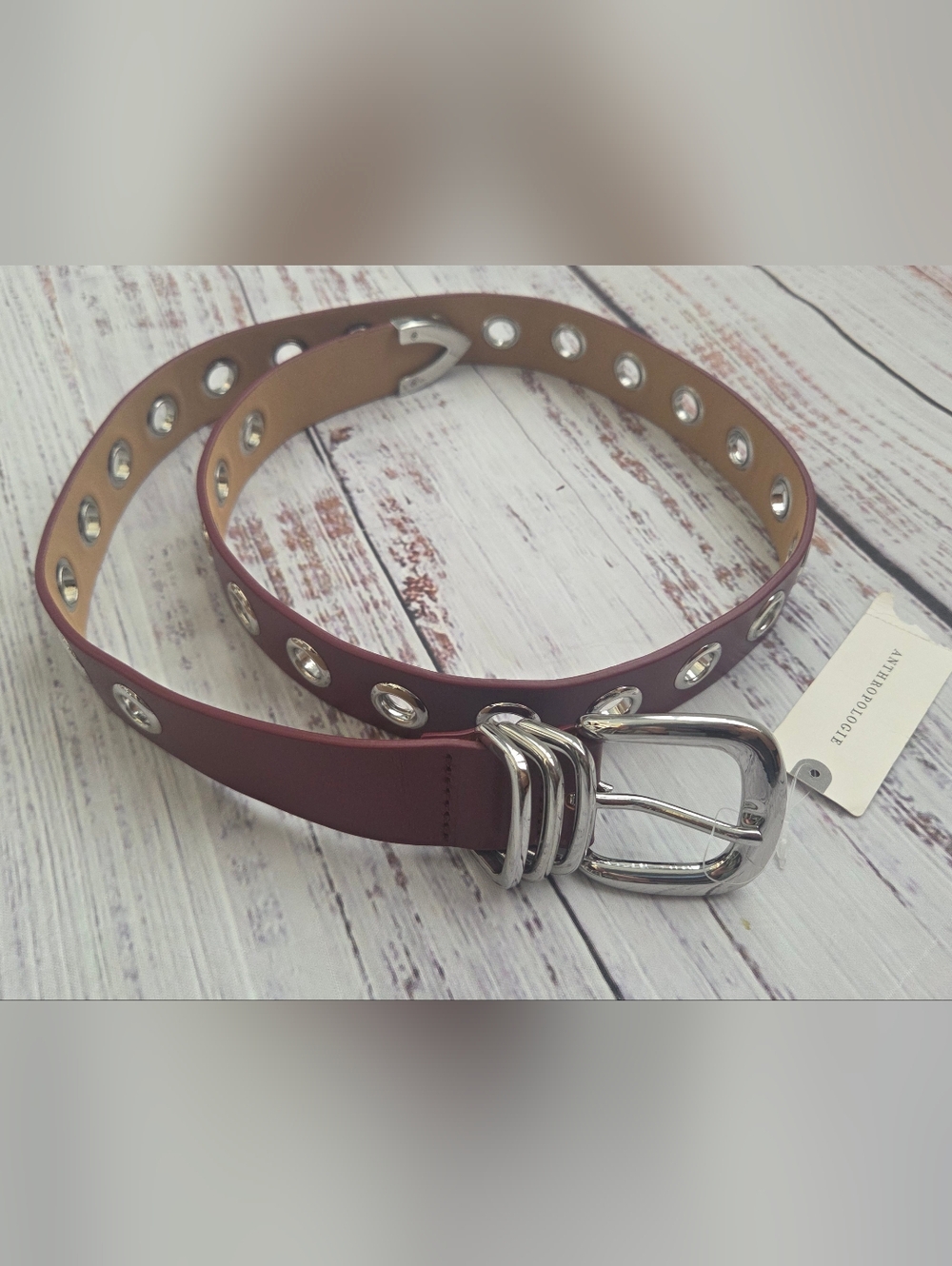 Anthropologie Burgundy Leather Grommet Moto Belt Silver Hardware NEW NWT Small - Picture 5 of 6